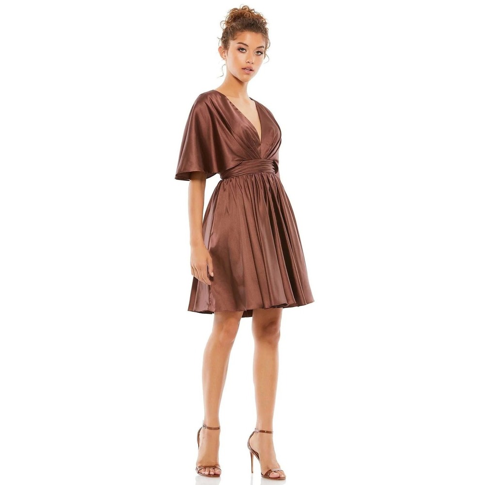 Mac Duggal 26605 Satin Flutter Sleeve V-Neck Cocktail Dress Chocolate Brown